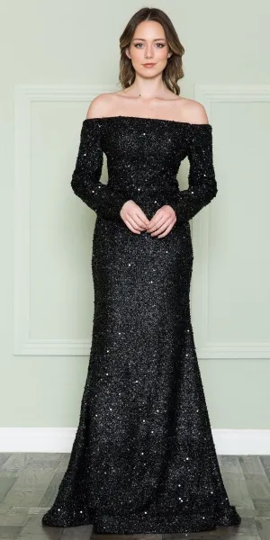 Poly USA 8876 Off the Shoulder Spandex Sequins Bodice Floor Length Dress