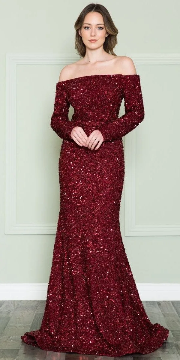 Poly USA 8876 Off the Shoulder Spandex Sequins Bodice Floor Length Dress