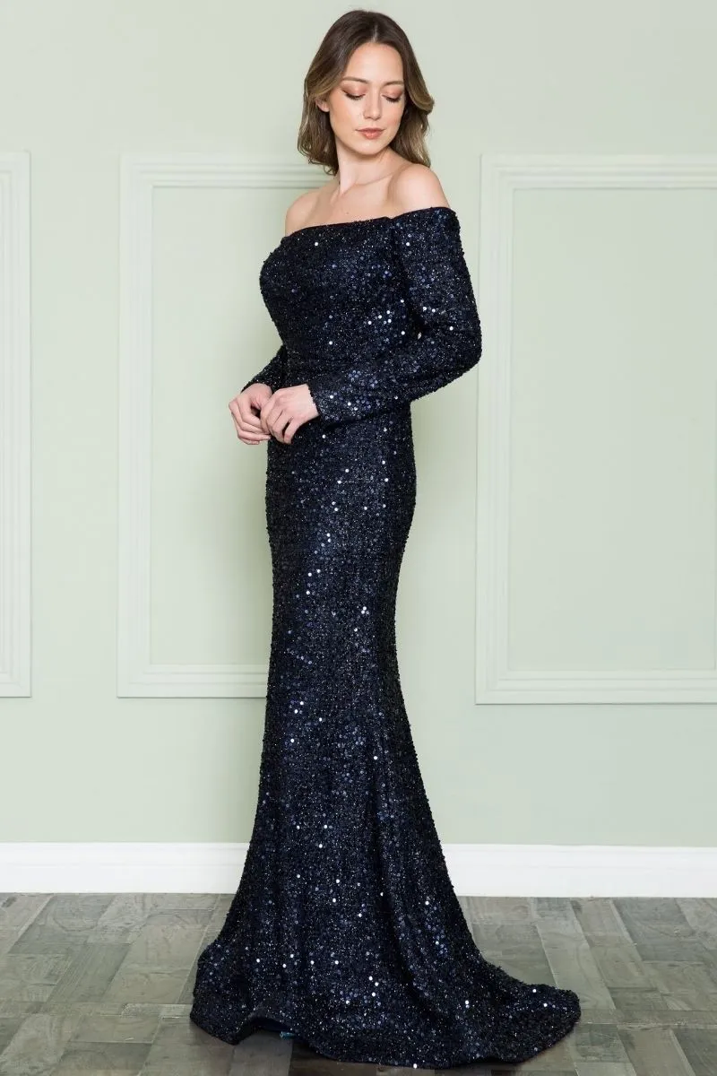 Poly USA 8876 Off the Shoulder Spandex Sequins Bodice Floor Length Dress