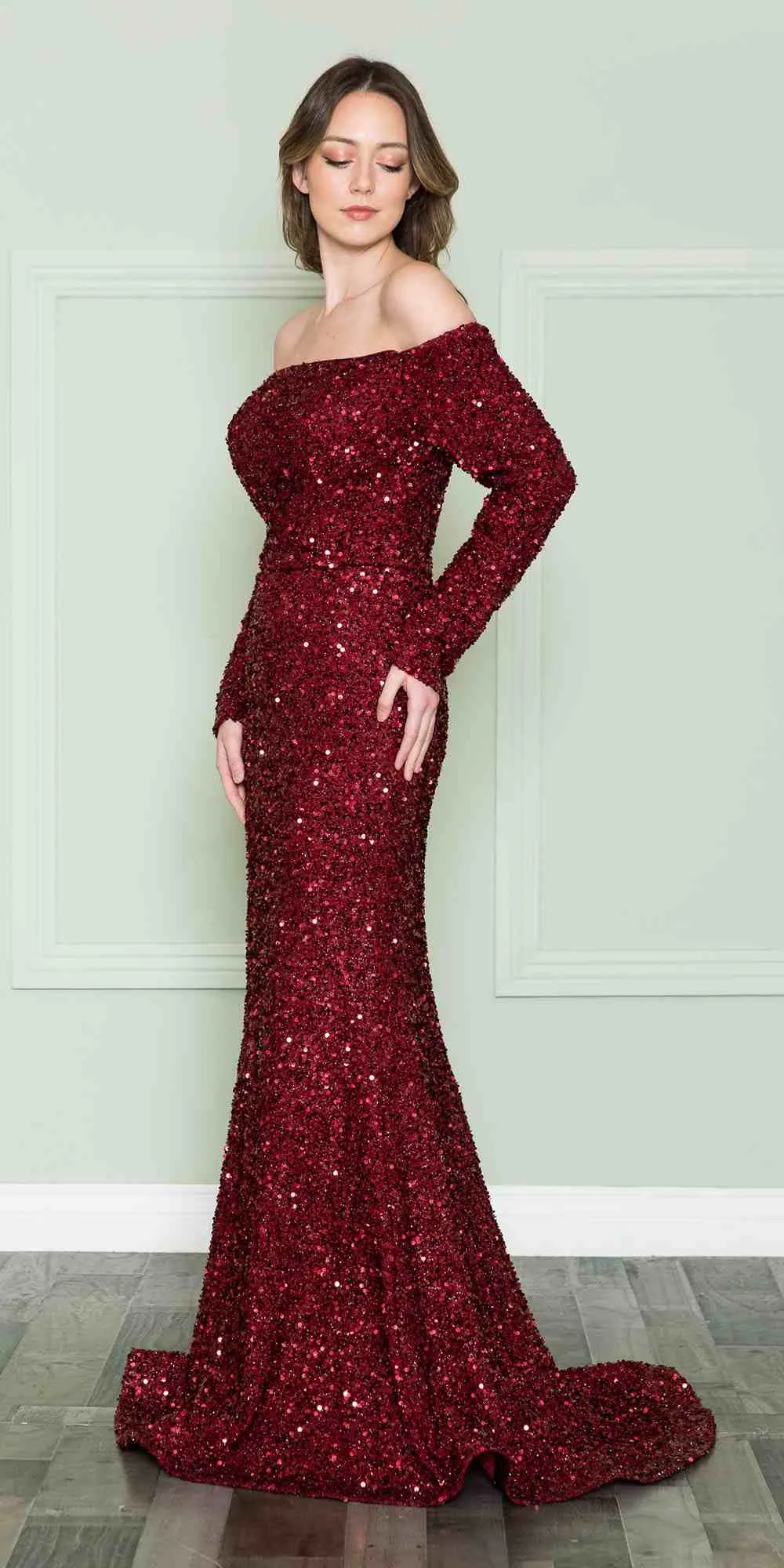Poly USA 8876 Off the Shoulder Spandex Sequins Bodice Floor Length Dress