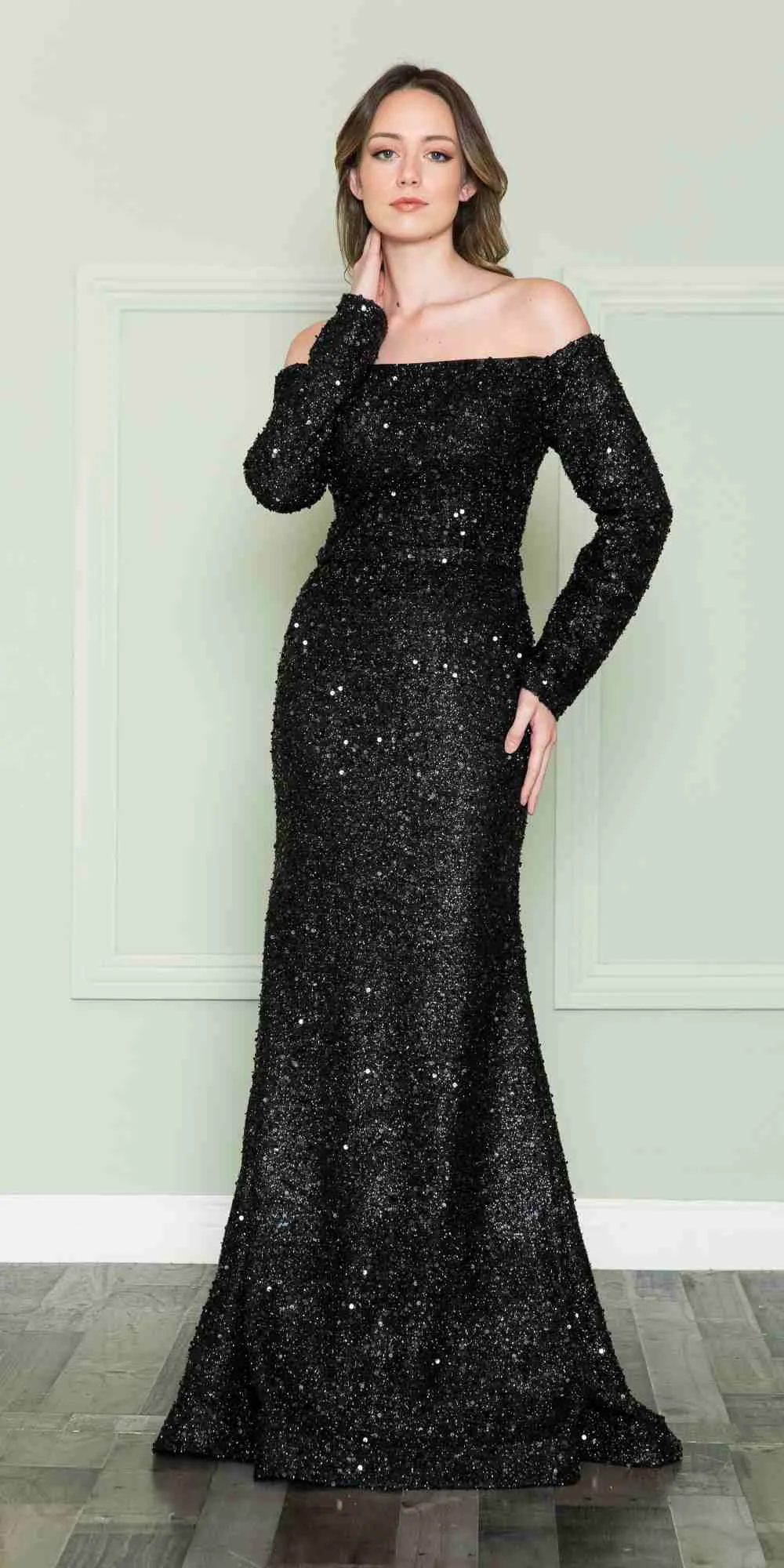 Poly USA 8876 Off the Shoulder Spandex Sequins Bodice Floor Length Dress