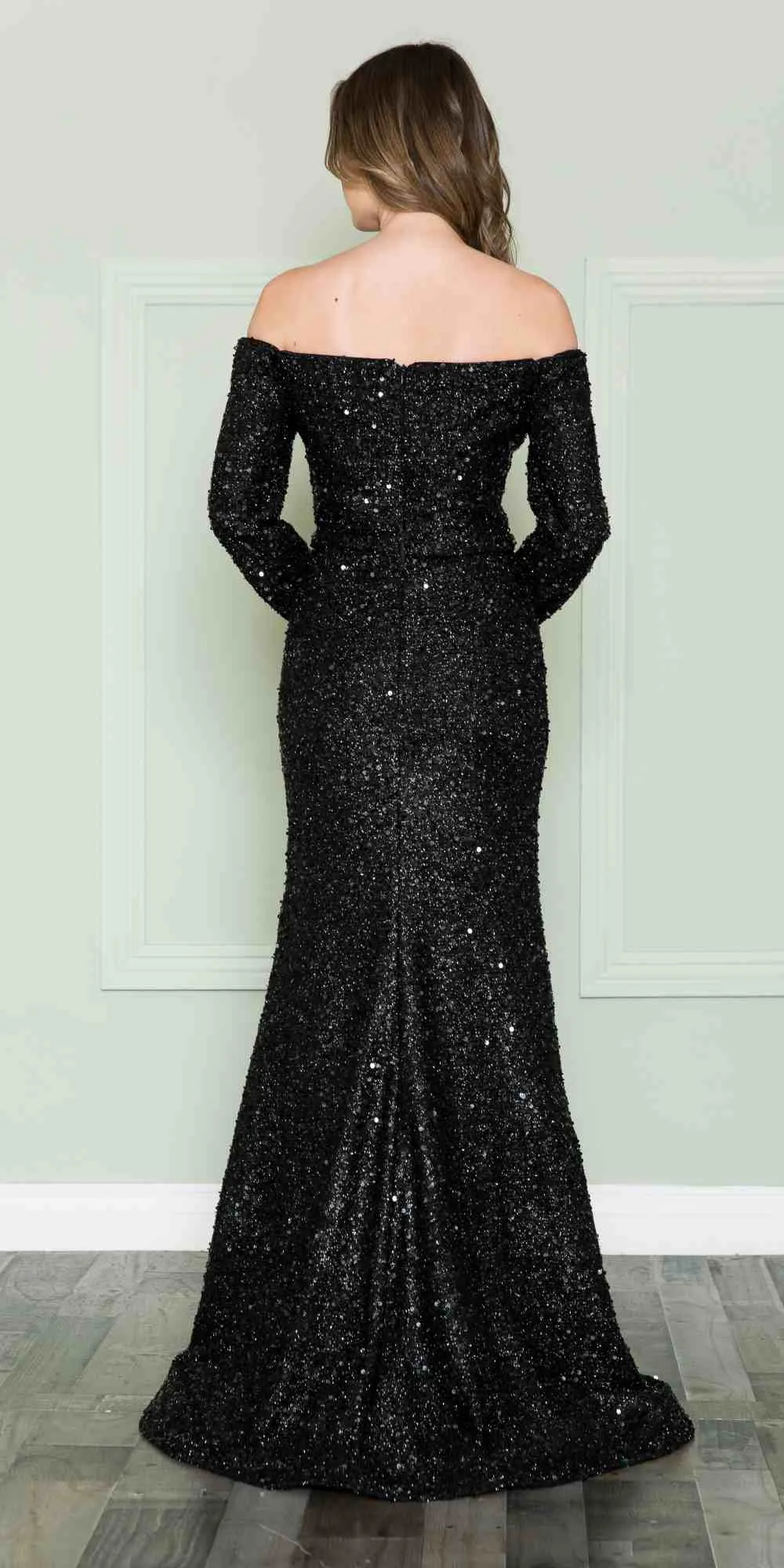 Poly USA 8876 Off the Shoulder Spandex Sequins Bodice Floor Length Dress