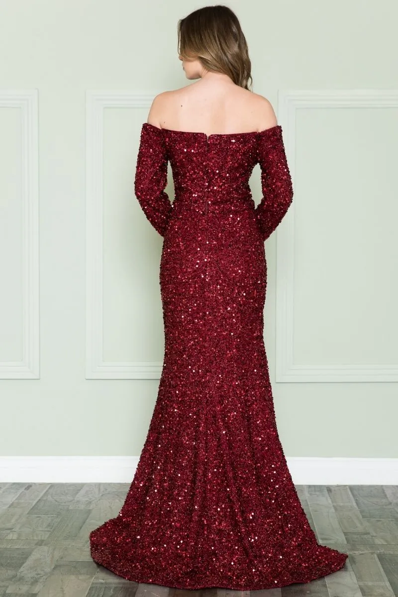 Poly USA 8876 Off the Shoulder Spandex Sequins Bodice Floor Length Dress