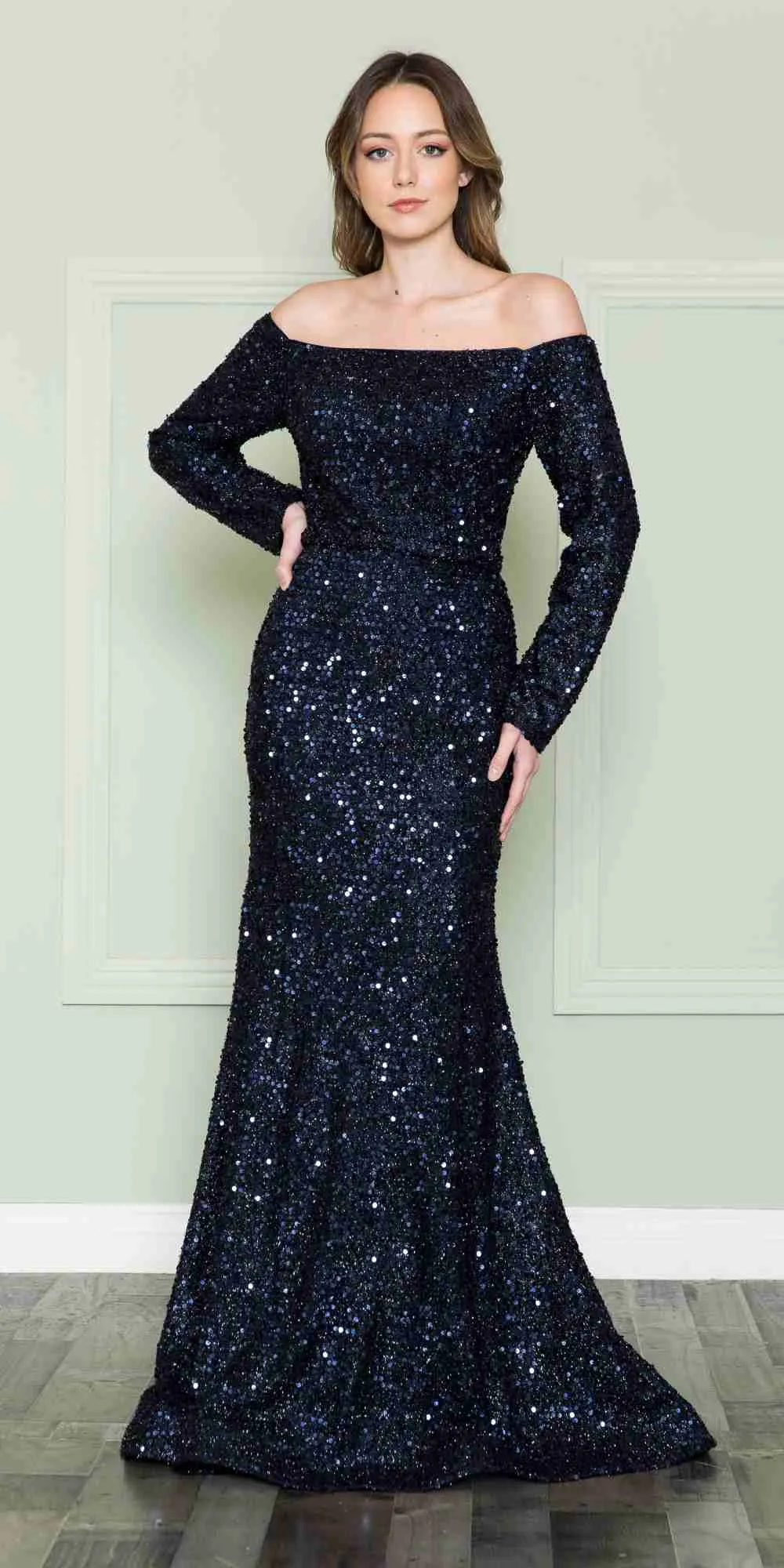 Poly USA 8876 Off the Shoulder Spandex Sequins Bodice Floor Length Dress