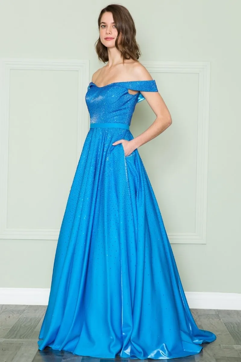 Poly USA 8890 Off the Shoulder Iridescent Rhinestone Bodice Corset Dress