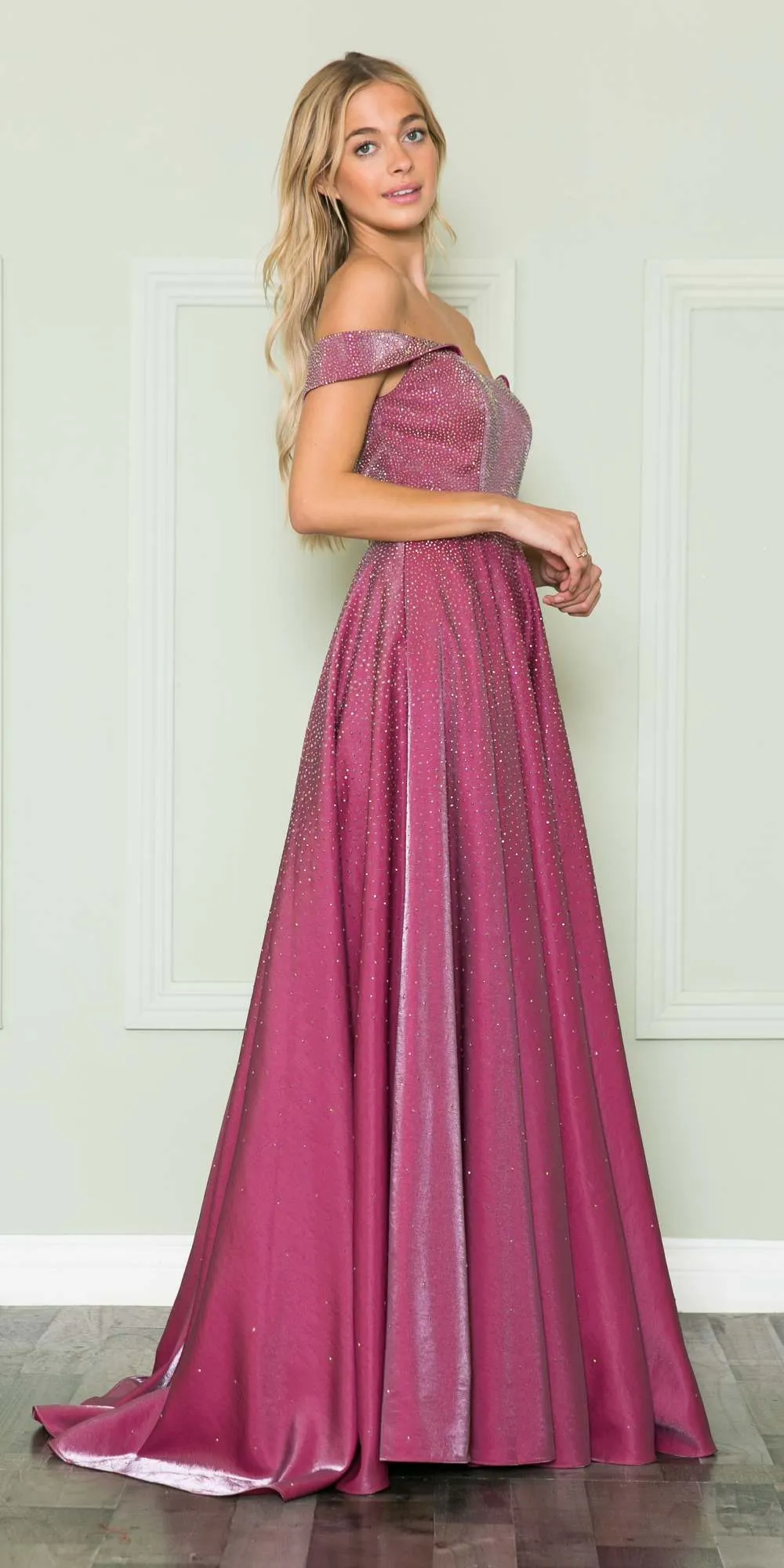 Poly USA 8890 Off the Shoulder Iridescent Rhinestone Bodice Corset Dress