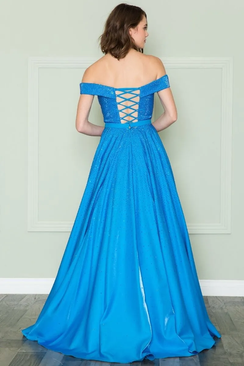Poly USA 8890 Off the Shoulder Iridescent Rhinestone Bodice Corset Dress