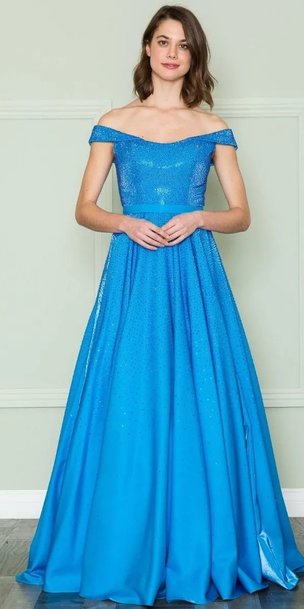 Poly USA 8890 Off the Shoulder Iridescent Rhinestone Bodice Corset Dress