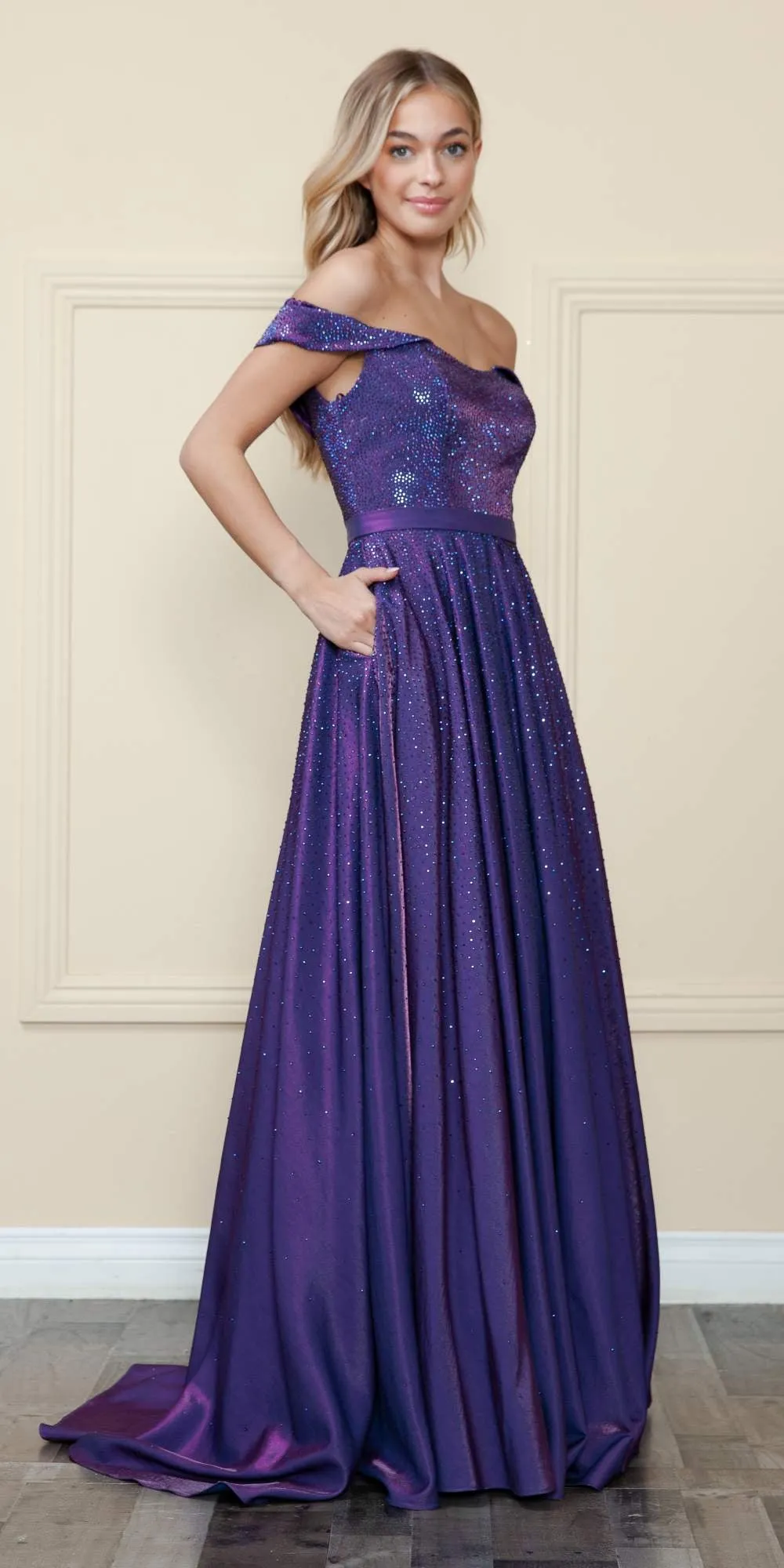 Poly USA 8890 Off the Shoulder Iridescent Rhinestone Bodice Corset Dress
