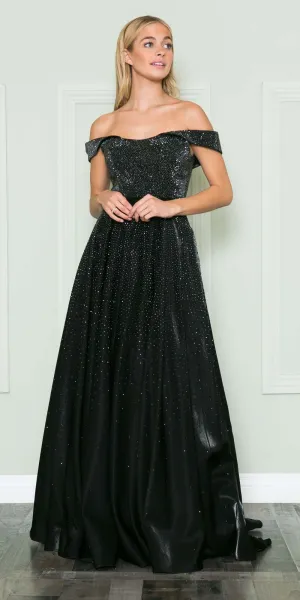 Poly USA 8890 Off the Shoulder Iridescent Rhinestone Bodice Corset Dress