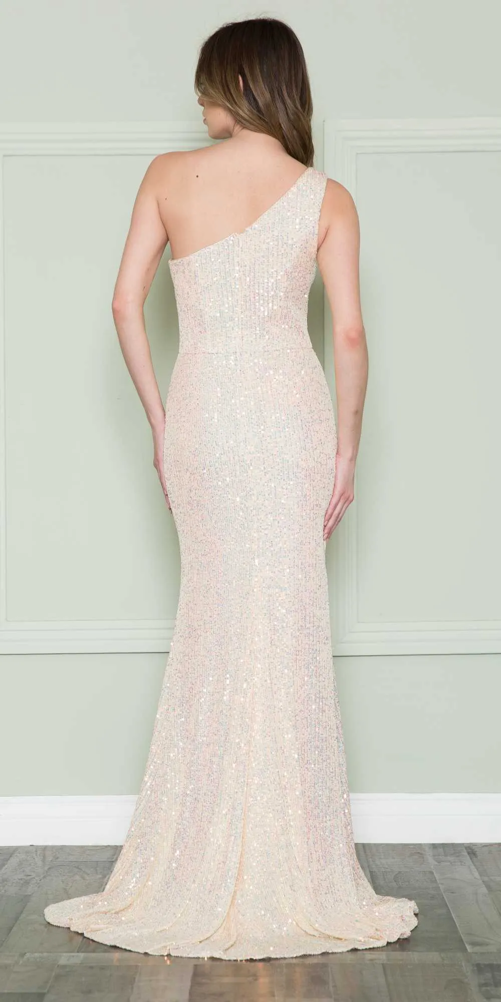 Poly USA 8898 Floor Length Iridescent Sequins Gown One Shoulder