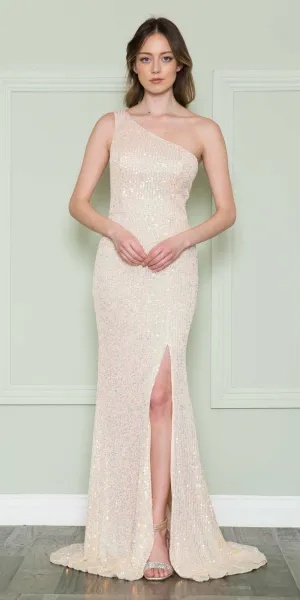 Poly USA 8898 Floor Length Iridescent Sequins Gown One Shoulder