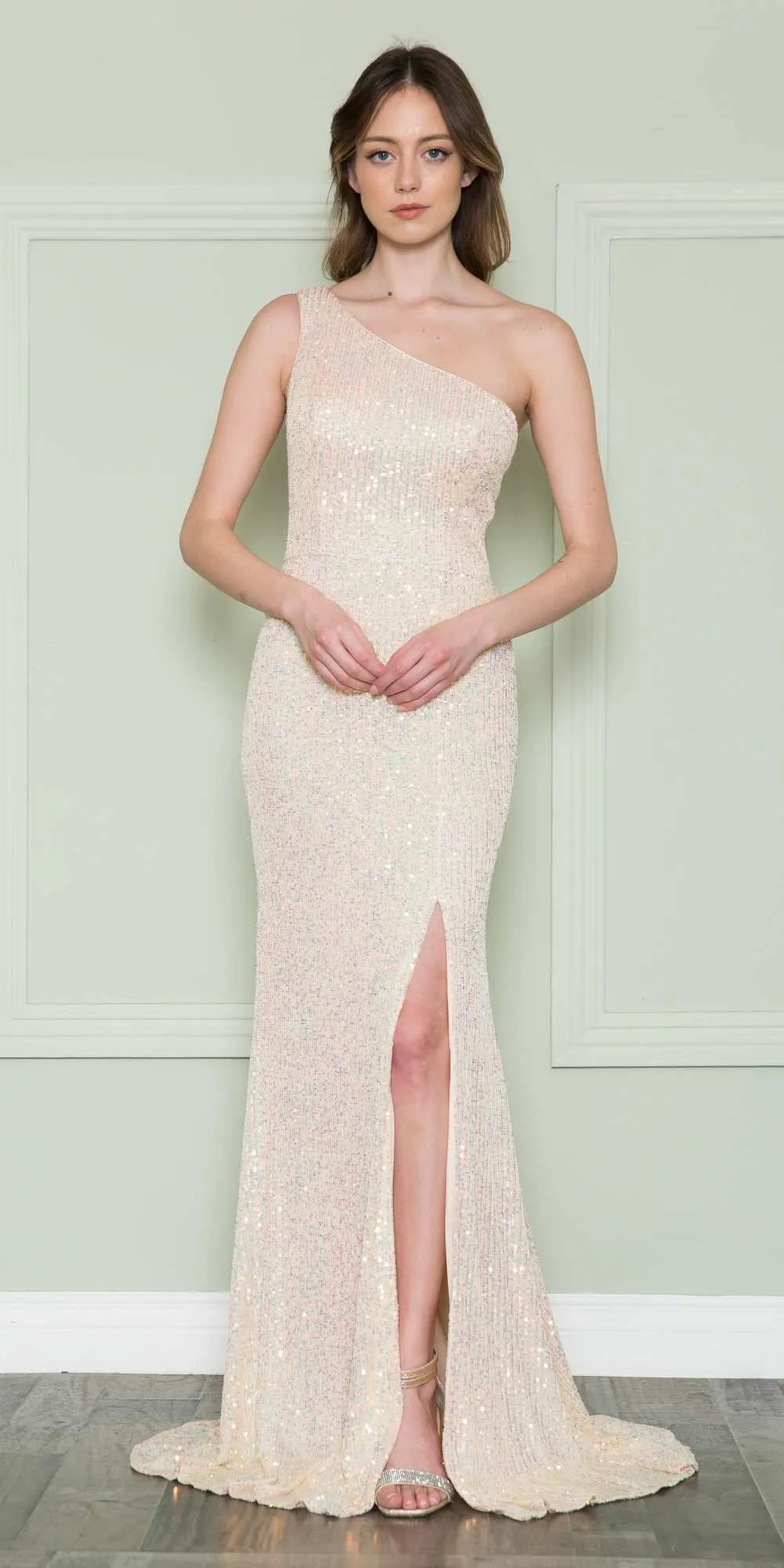 Poly USA 8898 Floor Length Iridescent Sequins Gown One Shoulder