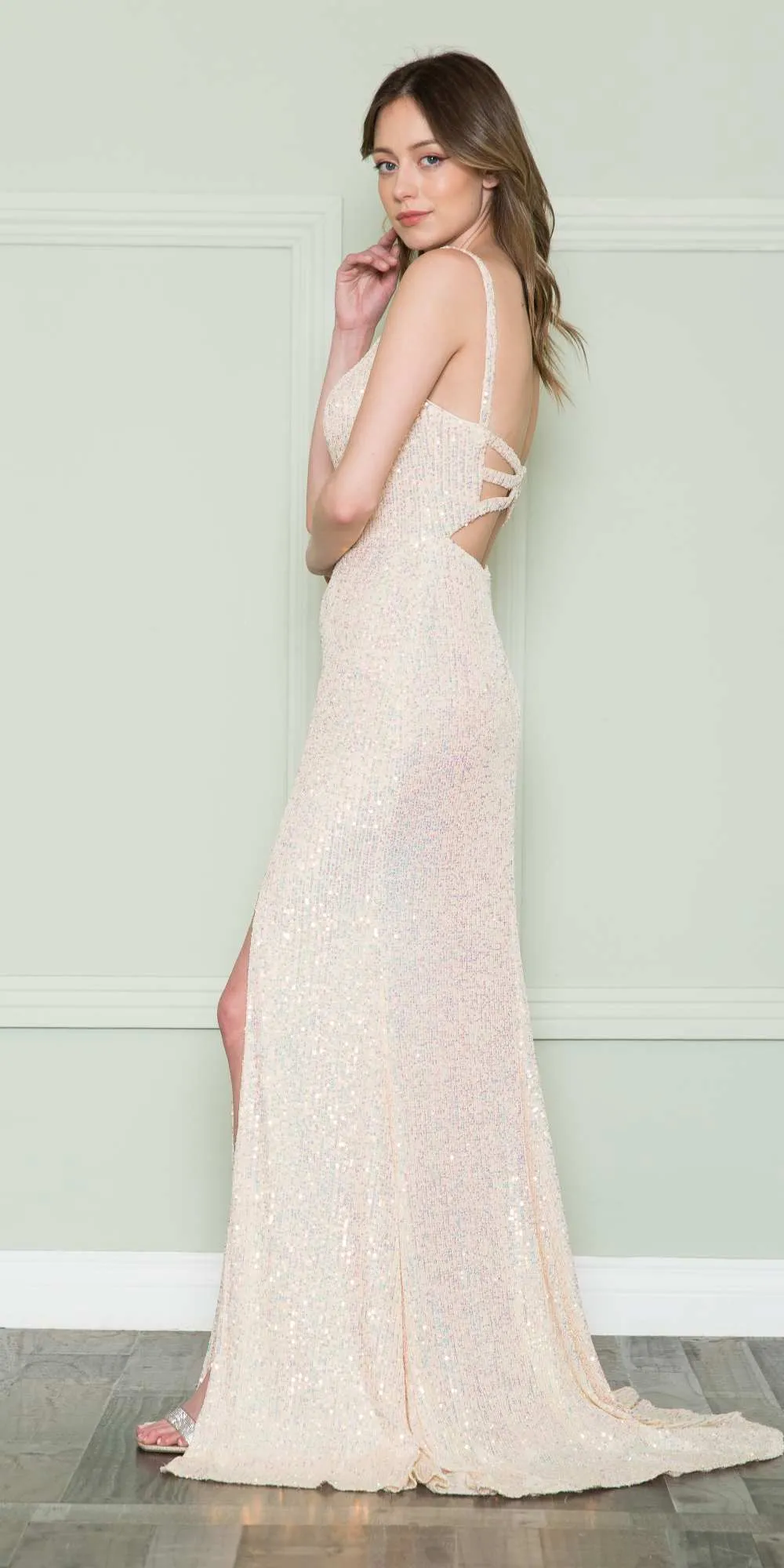Poly USA 8900 Floor Length Iridescent Fitted Sequins Gown