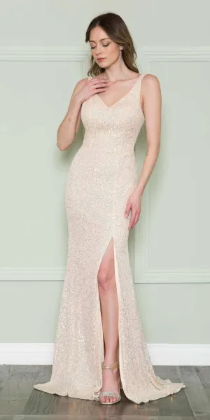 Poly USA 8900 Floor Length Iridescent Fitted Sequins Gown