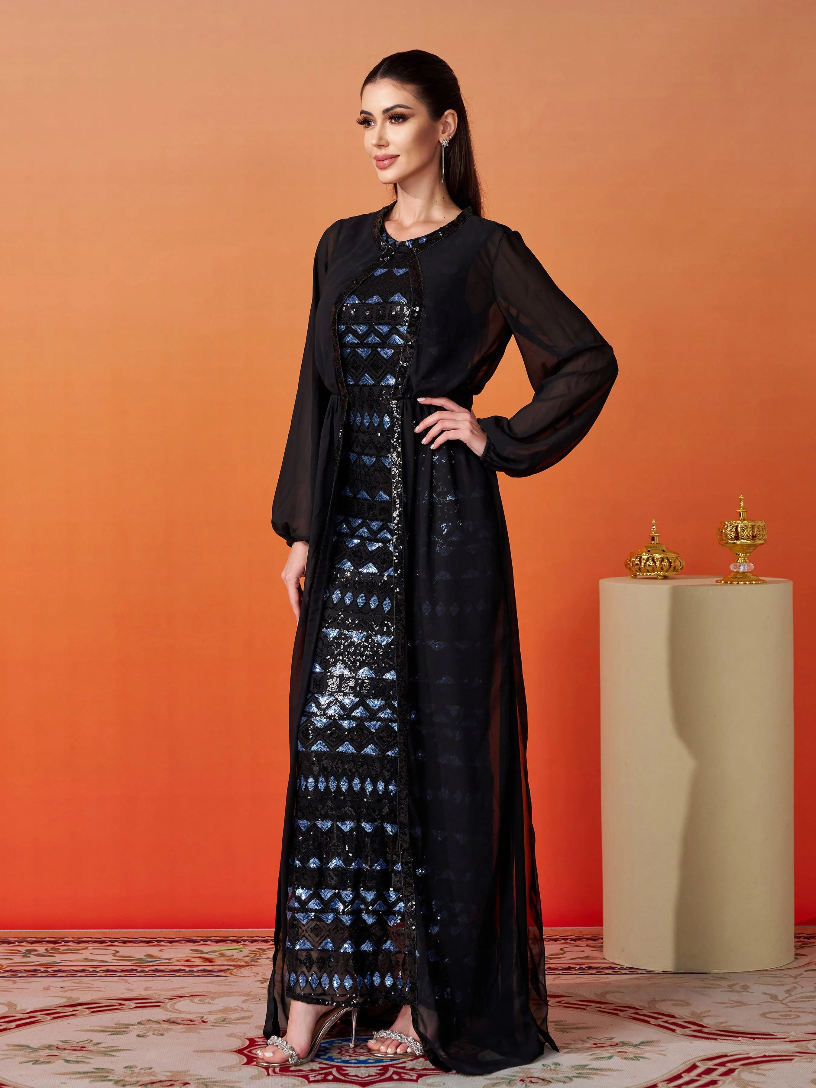 Puff Sleeve Panel Geometric Sequin Dress RJ10532