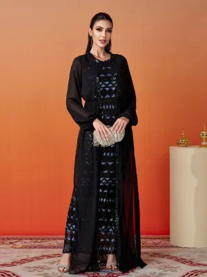 Puff Sleeve Panel Geometric Sequin Dress RJ10532