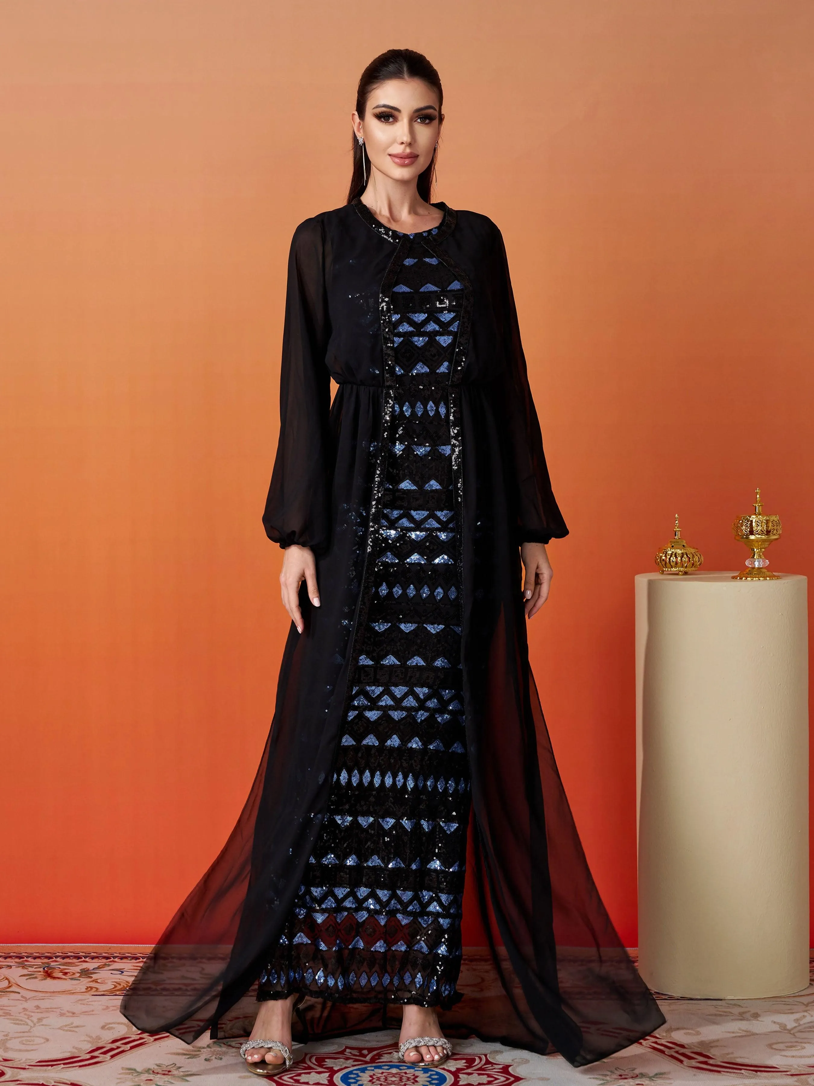 Puff Sleeve Panel Geometric Sequin Dress RJ10532