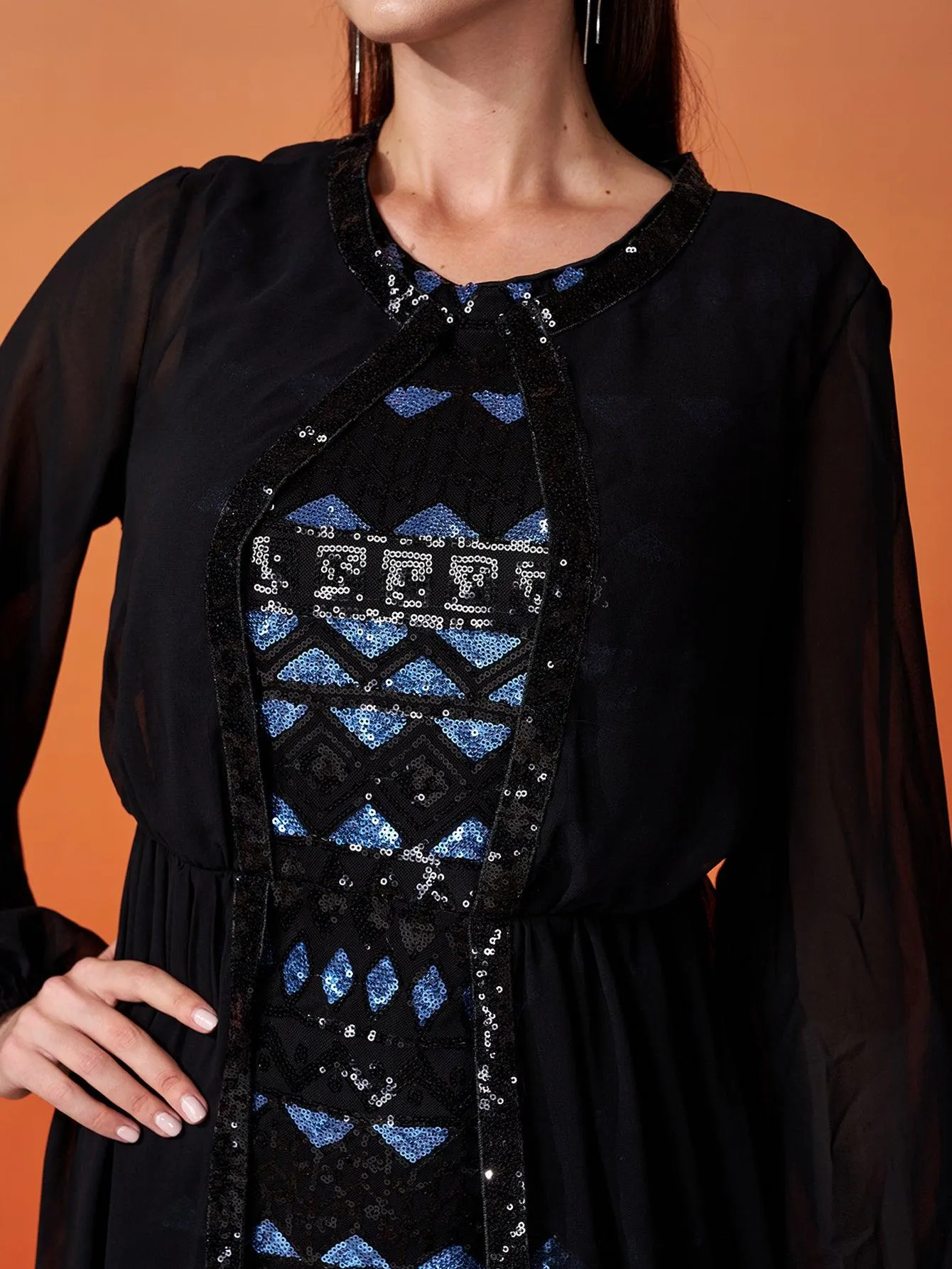Puff Sleeve Panel Geometric Sequin Dress RJ10532