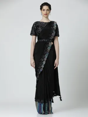 Pure Georgette Readymade Black Saree with Readymade Blouse