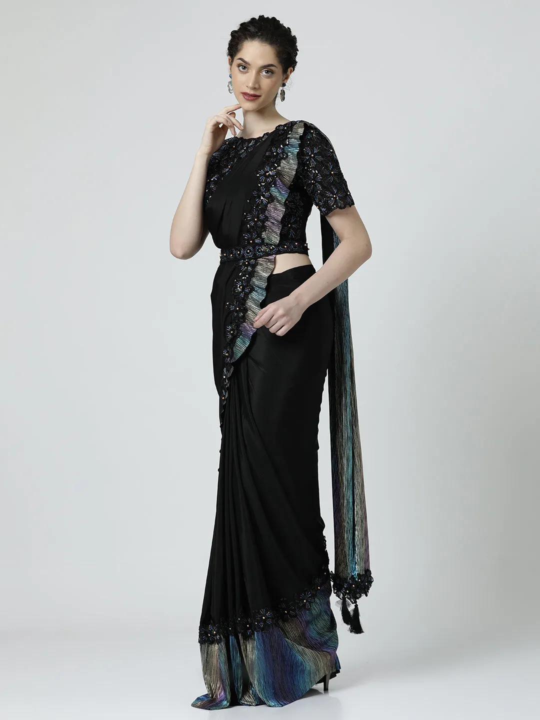 Pure Georgette Readymade Black Saree with Readymade Blouse