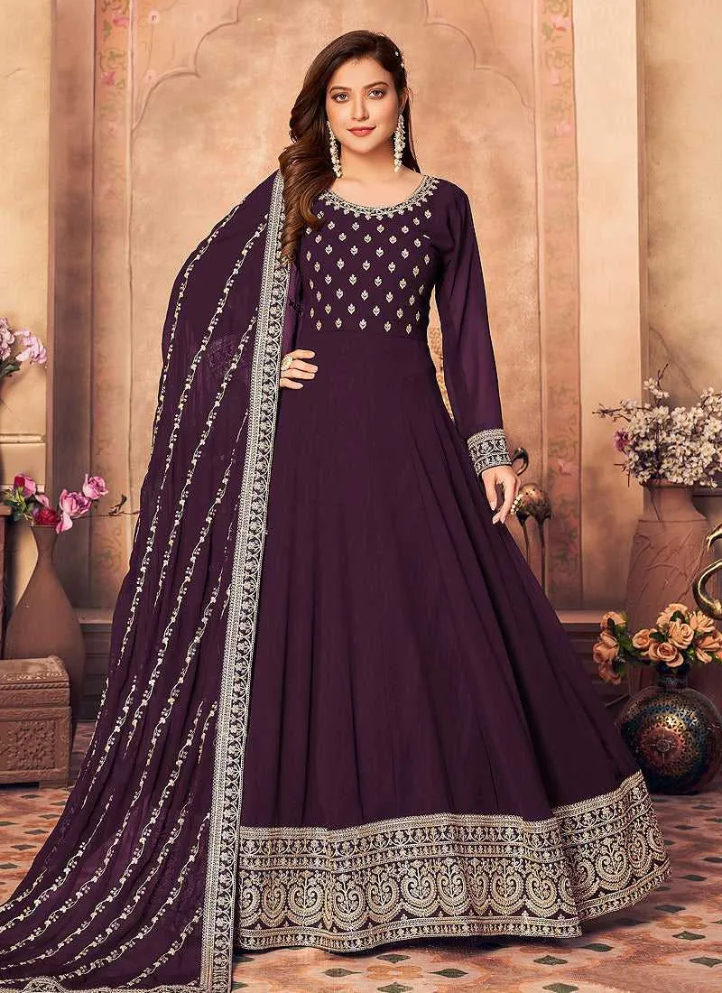 Purple and Gold Embroidered Flaire Anarkali Suit