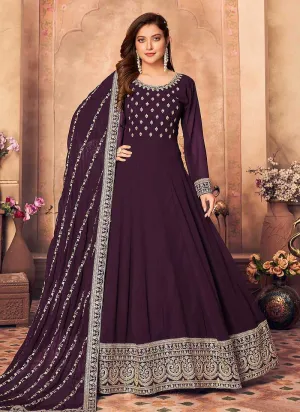Purple and Gold Embroidered Flaire Anarkali Suit