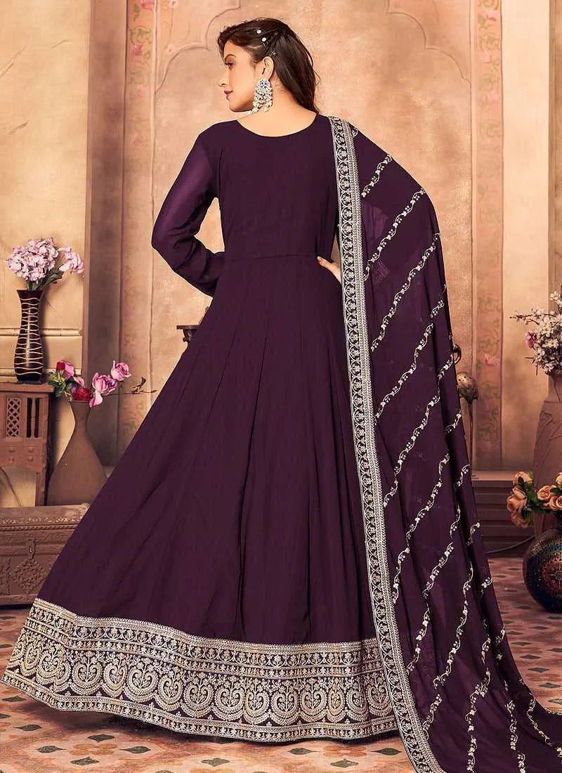 Purple and Gold Embroidered Flaire Anarkali Suit