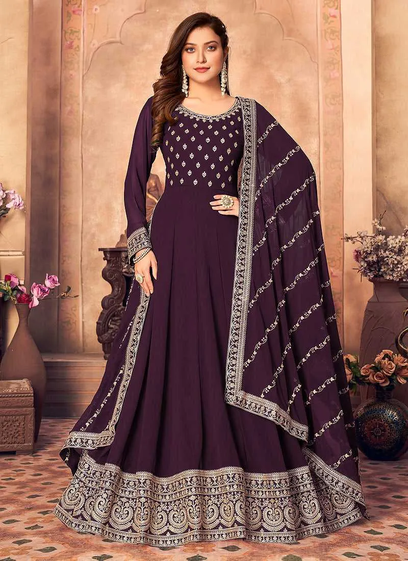 Purple and Gold Embroidered Flaire Anarkali Suit