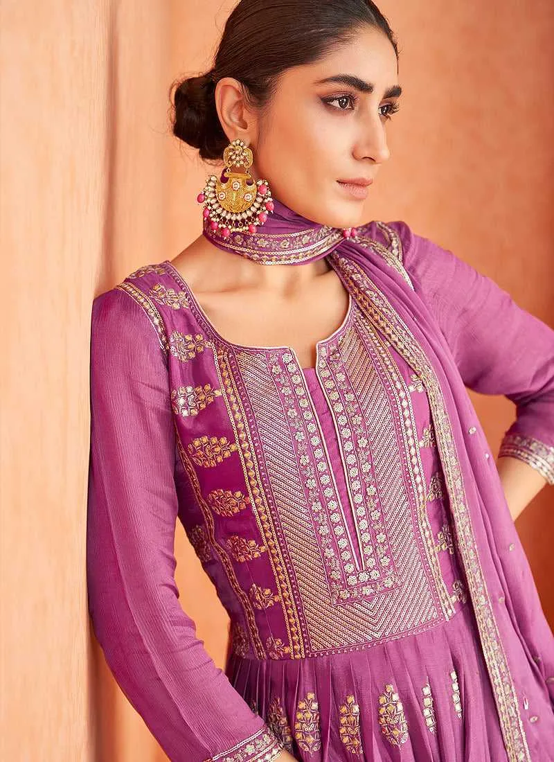Purple and Gold Embroidered Gown Style Anarkali Suit
