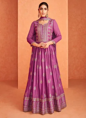 Purple and Gold Embroidered Gown Style Anarkali Suit