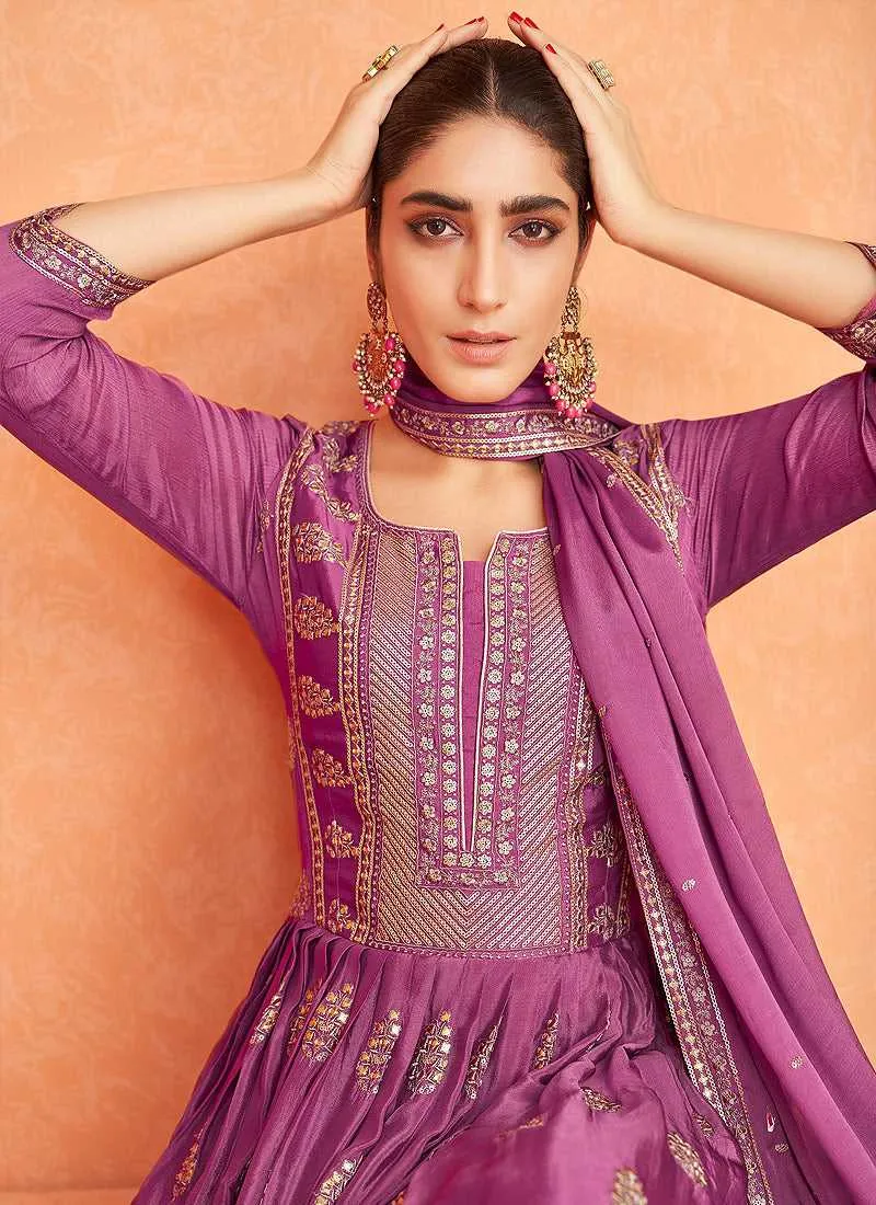 Purple and Gold Embroidered Gown Style Anarkali Suit