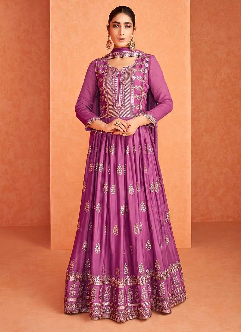 Purple and Gold Embroidered Gown Style Anarkali Suit