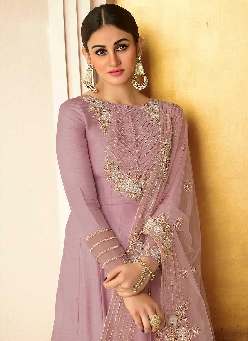 Purple Heavy Neck Embroidered Gown Style Anarkali