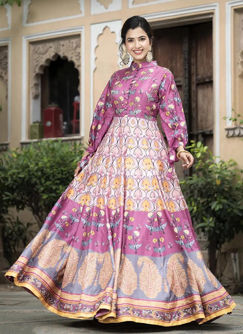 Purple Multi-colored Digital Printed Anarkali Gown