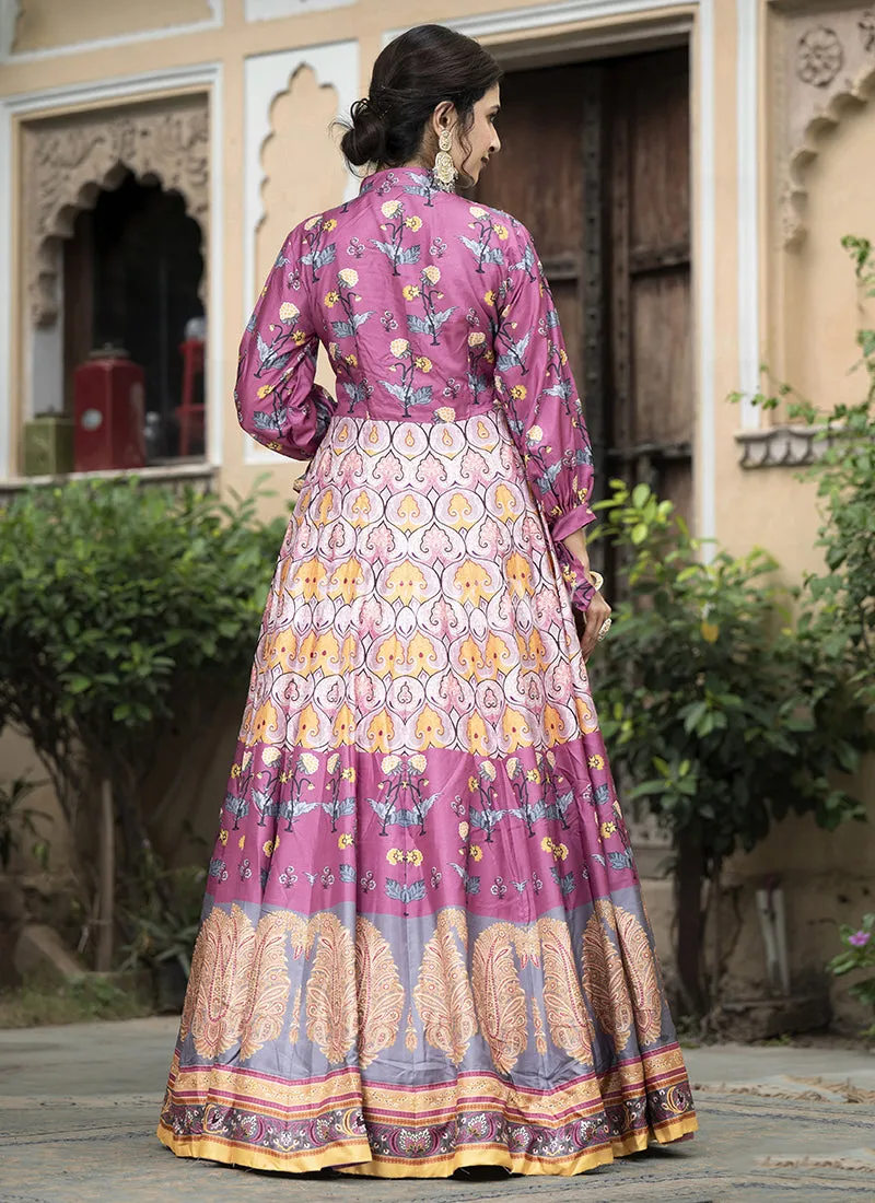 Purple Multi-colored Digital Printed Anarkali Gown