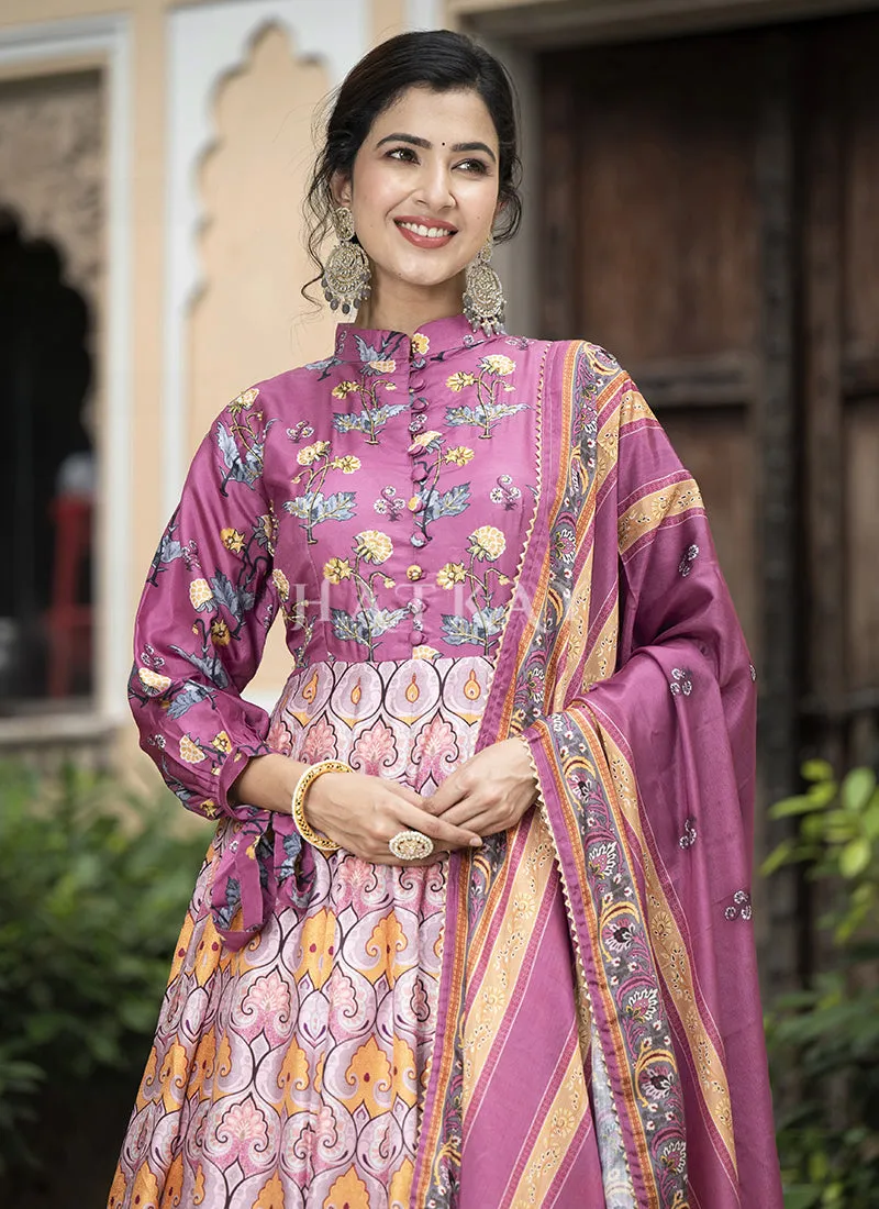 Purple Multi-colored Digital Printed Anarkali Gown