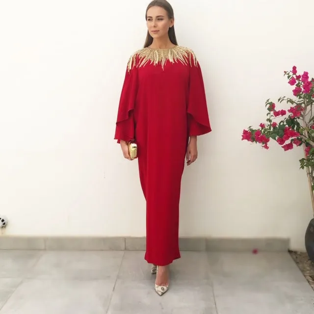 RAM19 SHAMSA RED CREPE DRESS WITH GOLD EMBELLISHMENT