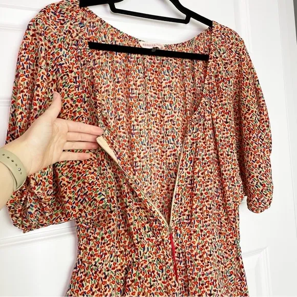 Rebecca Taylor Romantic Ditsy Floral 100% Silk Zip Front Peplum Mini Dress