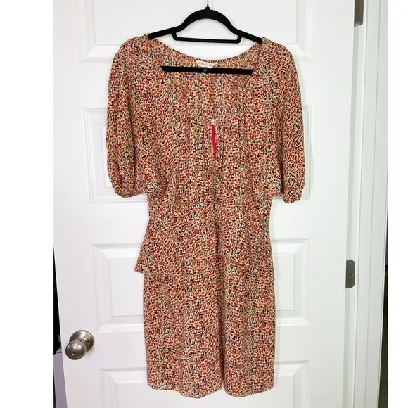 Rebecca Taylor Romantic Ditsy Floral 100% Silk Zip Front Peplum Mini Dress