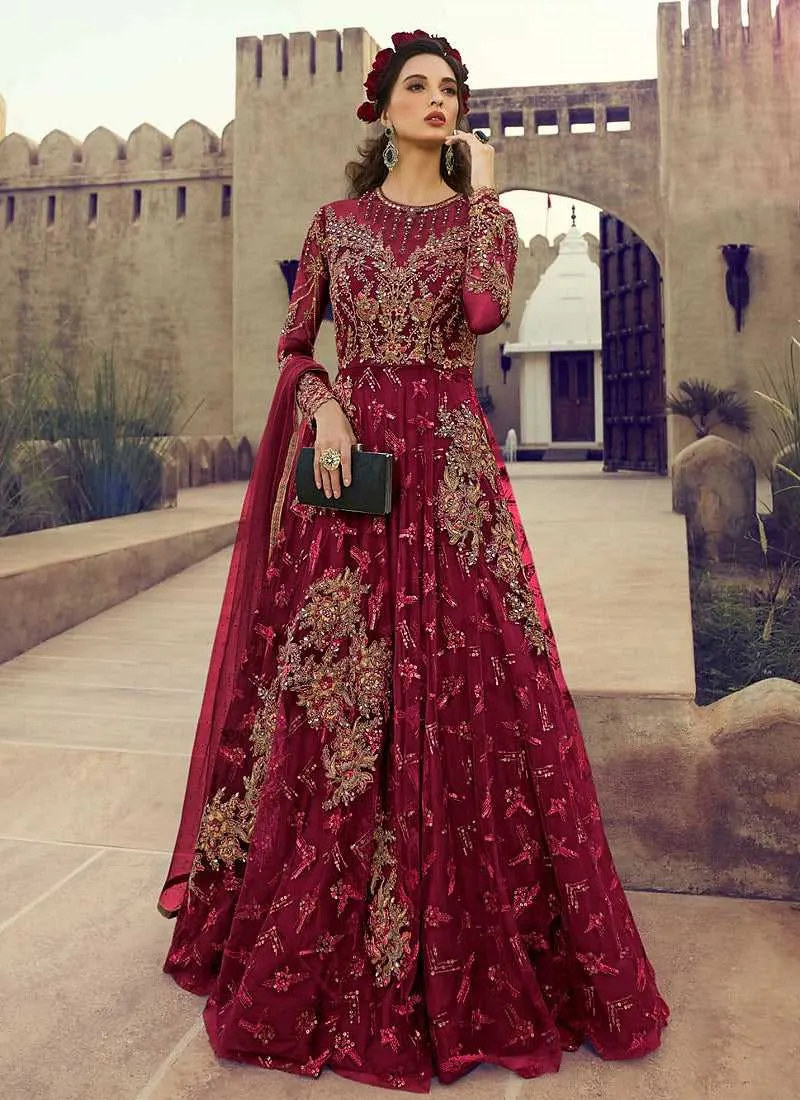Red Heavy Embroidered Gown Style Anarkali Suit