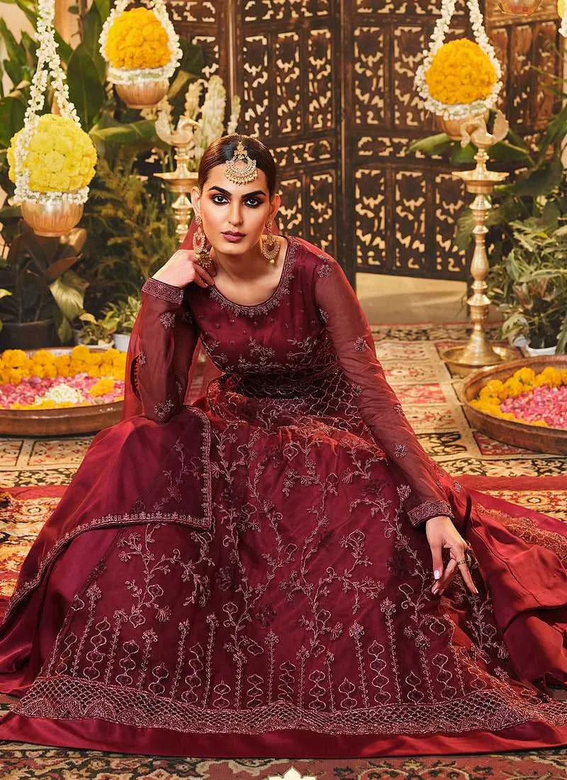Red Heavy Embroidered Kalidar Anarkali