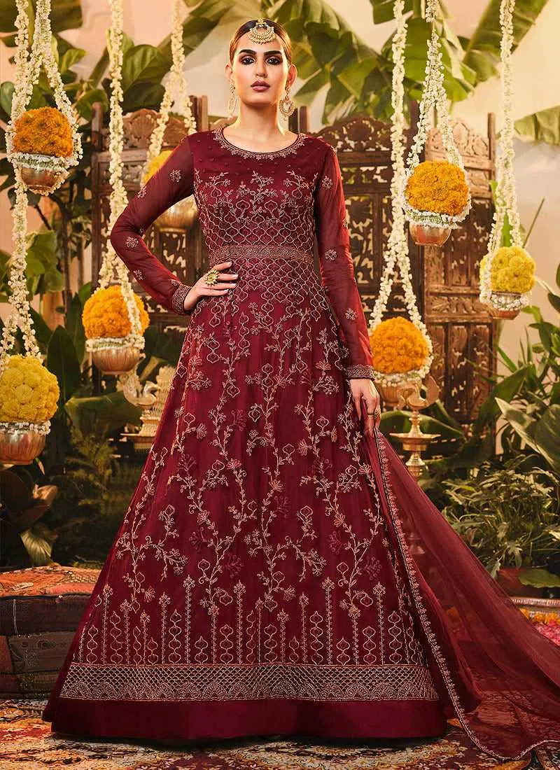 Red Heavy Embroidered Kalidar Anarkali