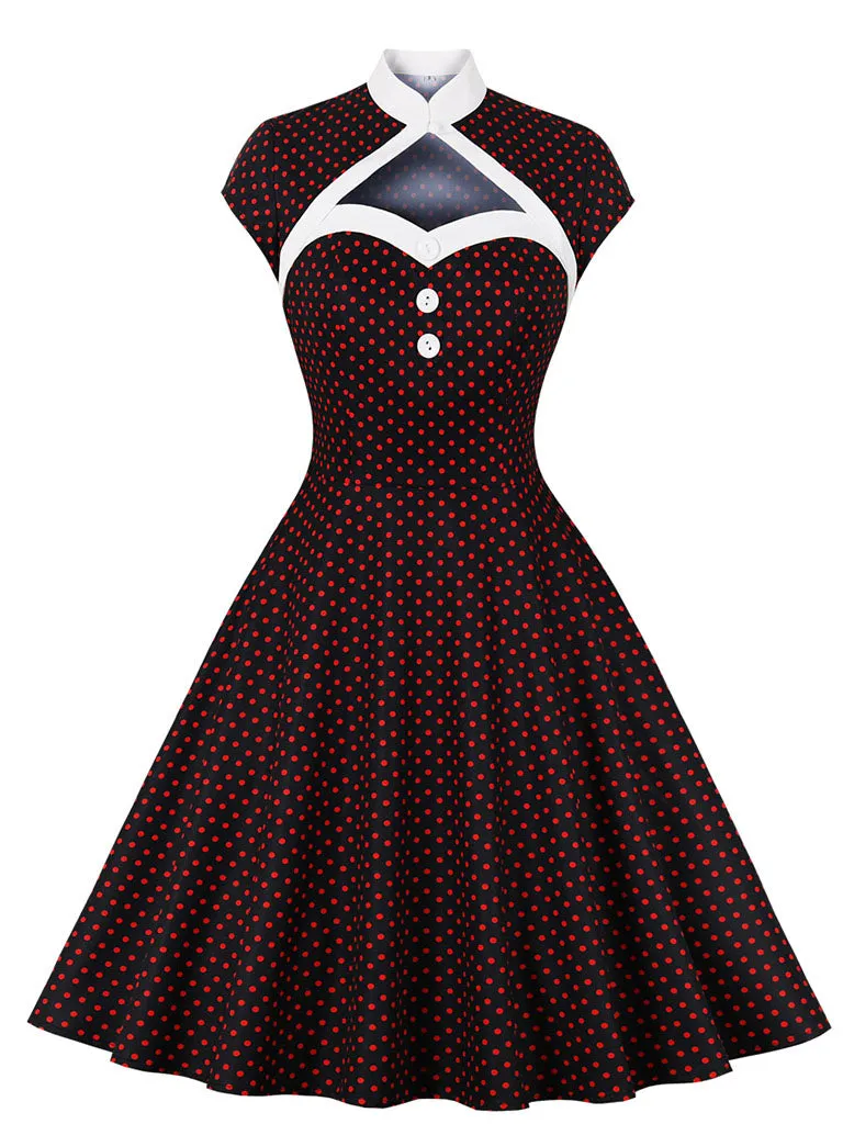 Red Polka Dots Fake Two Piece Shawl 1950S Swing Dress