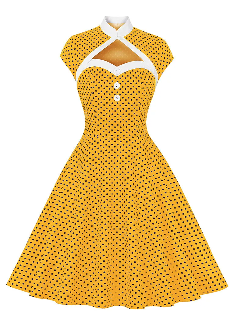 Red Polka Dots Fake Two Piece Shawl 1950S Swing Dress