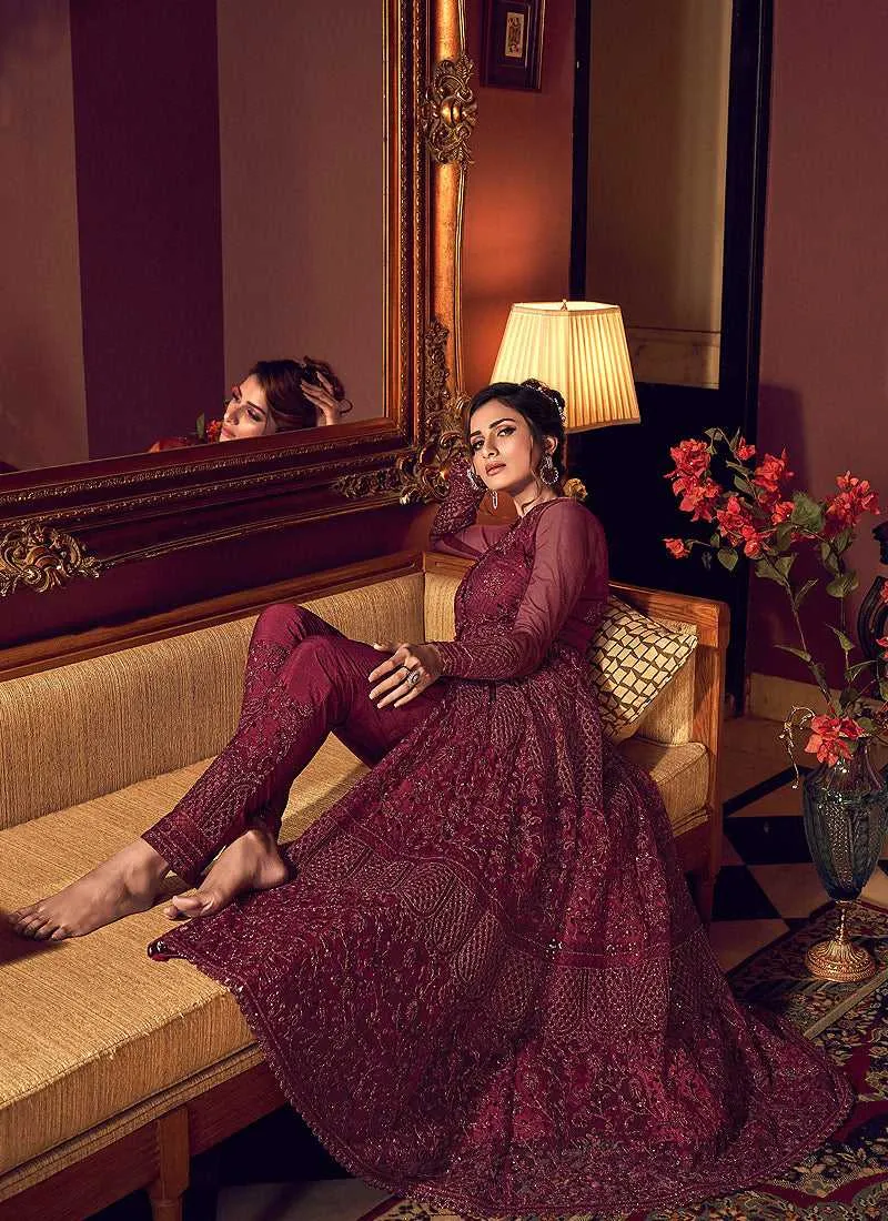 Red Wine Heavy Embroidered Lehenga/ Pant Style Anarkali