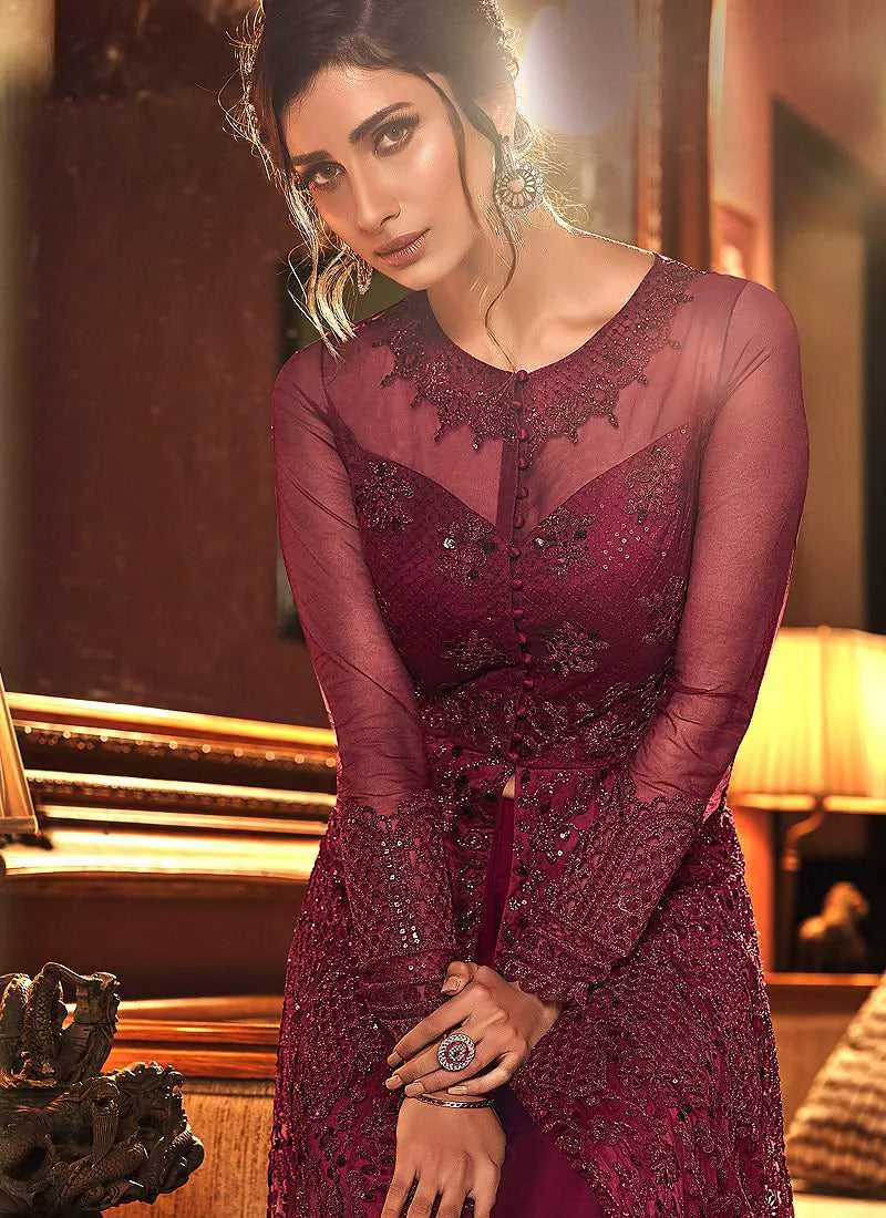 Red Wine Heavy Embroidered Lehenga/ Pant Style Anarkali