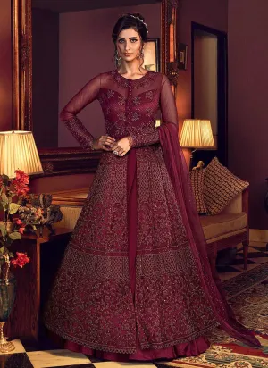 Red Wine Heavy Embroidered Lehenga/ Pant Style Anarkali