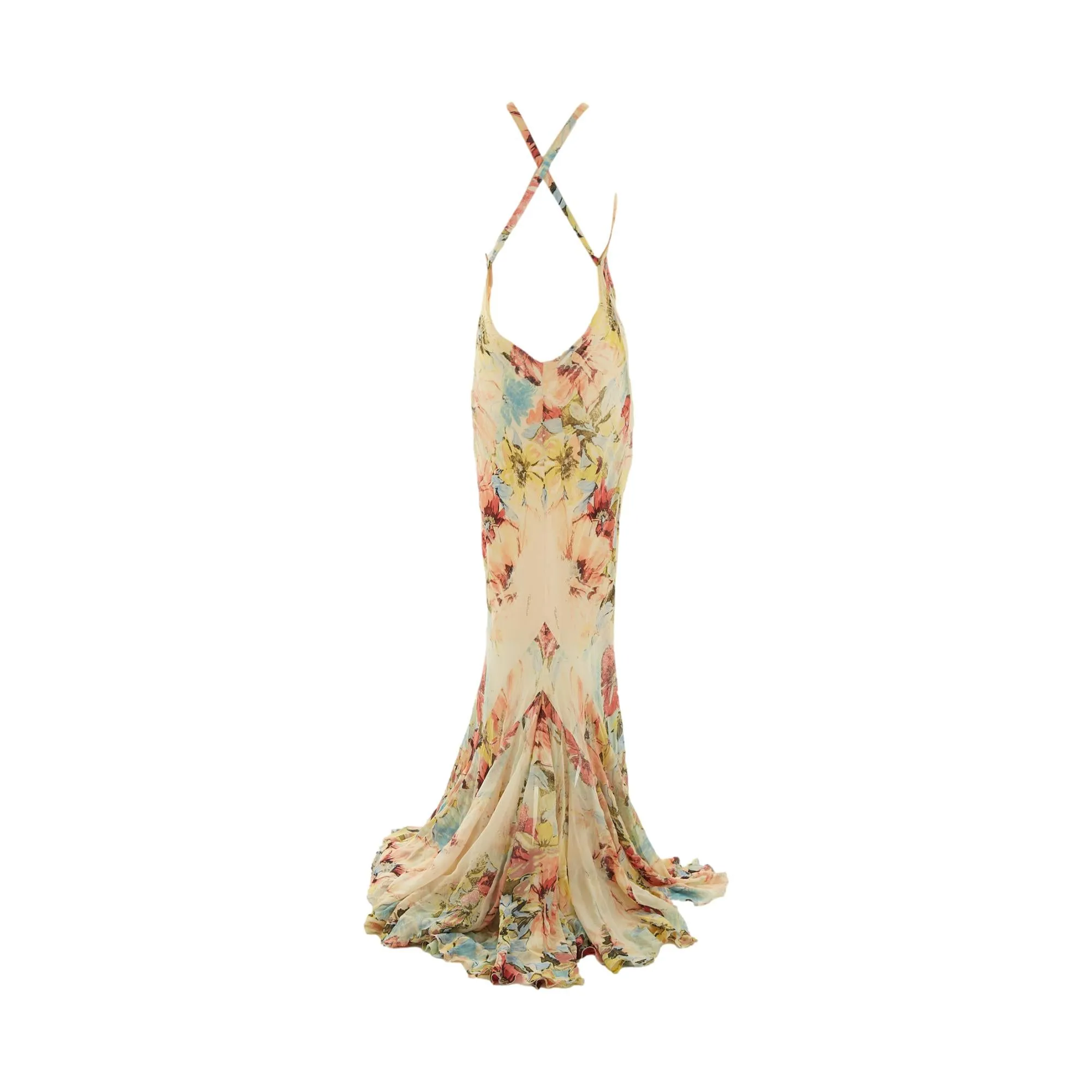 Roberto Cavalli Nude Floral Print Ruffle Gown