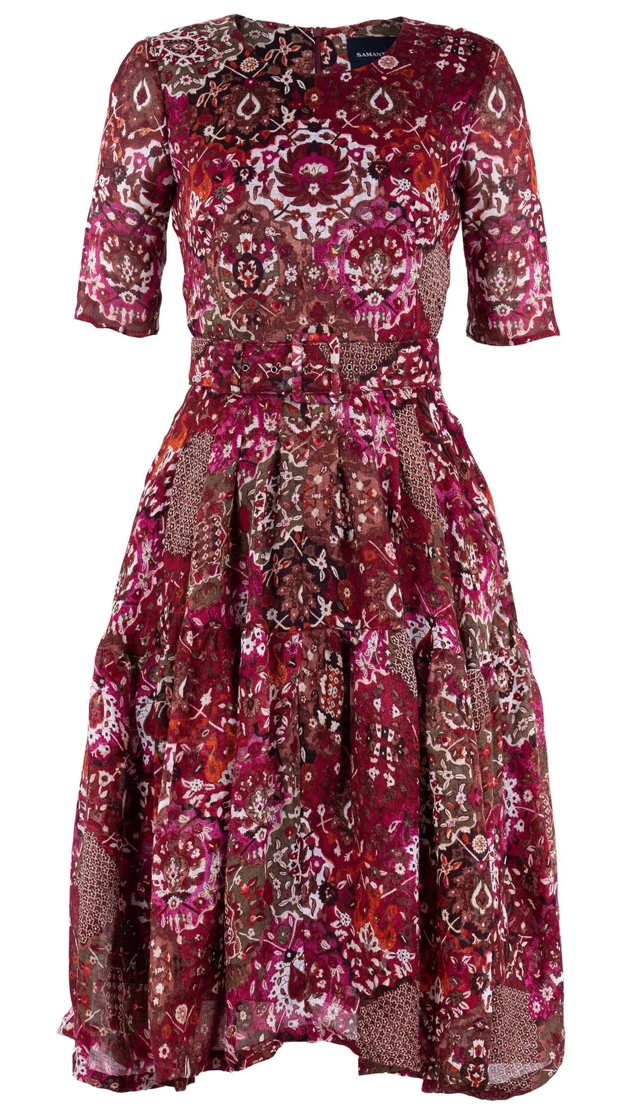 Rose Dress Crew Neck 1/2 Sleeve Long Length Linen (Casper Wallpaper Bright)